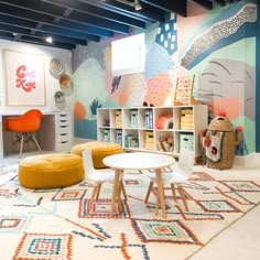 an office with colorful wallpaper and furniture in the background, including a yellow bean bag