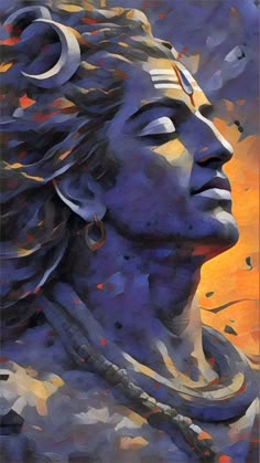 a painting of a woman's face with her eyes closed and hair blowing in the wind