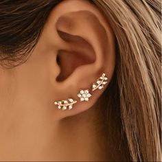 Gorgeous Rhinestone Flower Leaf Earrings Can Be Worn Separately Ear Climbers Earrings, Floral Studs, Climber Earrings, Stud Jewelry, Rhinestone Decor, Rhinestone Flower, Gold Rhinestone, Flower Earrings Studs, Flower Studs