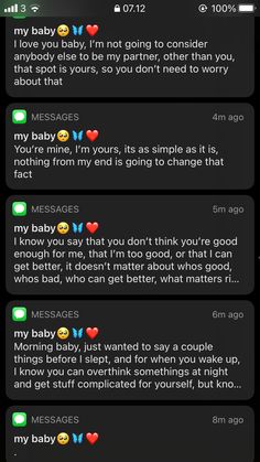 text messages from two people on their cell phones, one is saying i love you baby