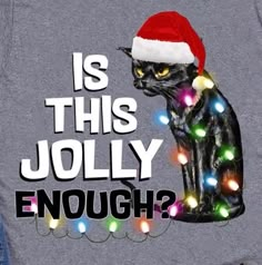 a black cat wearing a santa hat with christmas lights on it's chest and the words is this jolly enough?