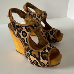 Good Condition 2011 Sam Edelman Leopard Print Wedge Heels Calf Hair Print Sole Is Brand New Shoe Body Has Some Wear As Shown A Great Shoe With Plenty Of Life To Live Beige Wooden Heel Wedge Sandals With Round Toe, Beige Wedge Heel Sandals With Deep Heel Cup, Leopard Print Wedges, Wedge Platform Sandals, Hair Print, Walk This Way, Calf Hair, Sam Edelman Shoes, Platform Wedges