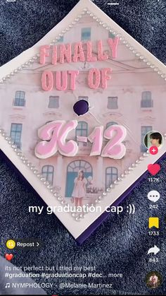 a graduation cap with the words finally out of c - 12 on it and an image of a woman in a white dress