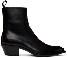 Paneled buffed calfskin Chelsea boots in black. · Pointed toe · Webbing pull-loop at heel collar · Zip closure at inner side · Buffed leather lining · Stacked leather Cuban heel · Leather sole with rubber injection · Heel: H2 in Supplier color: Black Cuban Heel Boots Men, Men Heels, Mens Heeled Boots, Cuban Heel Boots, Chelsea Boots Men Outfit, Boots Men Outfit, Mens Dress Boots, Men In Heels, Heeled Chelsea Boots