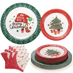 christmas paper plates and napkins with designs on them