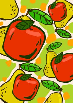 an apple and lemons pattern on a green background