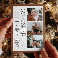 someone holding up a christmas card with photos on it