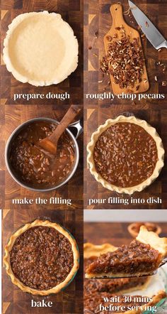 the steps to making pecan pies are shown in this image, and it shows how