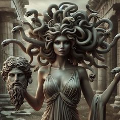 a woman with snakes on her head standing in front of an ancient statue holding a snake