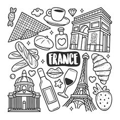 france doodle with the words france surrounded by different items such as wine, bread and cheese