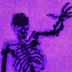 a skeleton holding a tennis racquet on top of a purple background with black lines