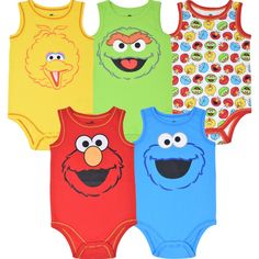 Jump into Elmo’s World with this fun and fashionable Sesame Street Elmo Cookie Monster Oscar the Grouch Big Bird 5 Pack Bodysuit! Let your little one’s imagination run wild as they explore the world of Sesame Street with their favorite puppet characters, and watch as Elmo’s thoughtful, fun and kind nature comes to life through your child. Your little one will love this cute and stylish sleeveless bodysuit so much, they will always want to wear it. Sesame Street Dress, Elmo Cookies, Elmo And Cookie Monster, Sesame Street Elmo, Oscar The Grouch, One Piece Clothing, Baby #5, Big Bird, Sleeveless Bodysuit