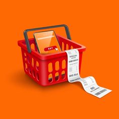 a red shopping basket with a receipt in it and an orange background that says tax