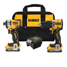 the dewbock cordless drill and driver combo is set up in front of a tool bag