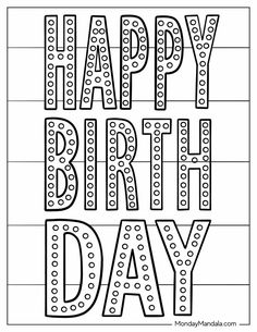 happy birthday card with the words happy birthday in black and white on a striped background