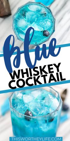 two glasses filled with blue whiskey cocktails on top of a white tablecloth and text overlay that reads, blue whisky cocktail