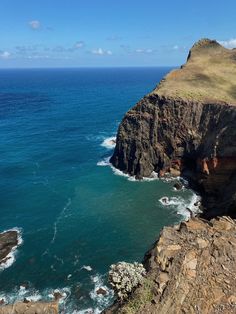 an ocean cliff with waves crashing on the rocks