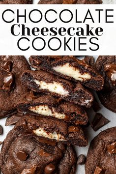 chocolate cheesecake cookies stacked on top of each other with the title in the middle