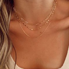 Handmade Necklace14K Gold-plated chain.Three Chain Necklace. Length: 18" with 2" adjustable chain. Made in USA. Three Chain Necklace, Gold Layered Necklace, Delicate Gold Jewelry, Inexpensive Jewelry, Gold Jewelry Sets, Jewelry Accessories Ideas, Jewelry Essentials, Jewelry Lookbook, Stacked Jewelry