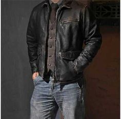 Cafe Racer Leather Jacket Men, Classic Distressed Outerwear For Fall, Classic Distressed Long Sleeve Outerwear, Distressed Long Sleeve Outerwear For Urban Adventures, Long Sleeve Leather Jacket With Pockets For Urban Adventures, Casual Long Sleeve Leather Jacket For Biker Events, Casual Biker Jacket With Pockets For Biker Events, Casual Biker Jacket With Pockets For Events, Rugged Long Sleeve Distressed Leather Jacket