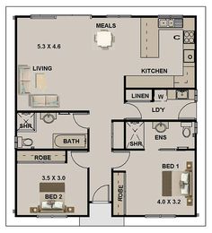 the floor plan for a two bedroom apartment with an attached kitchen and living room area