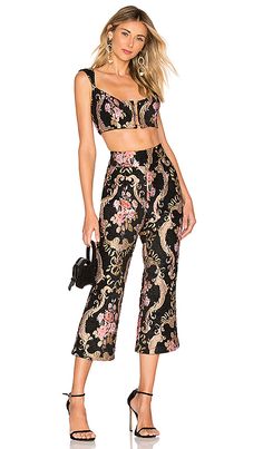 For Love & Lemons Brocade Crop Top in Black Floral | REVOLVE Fitted Black Brocade Sets, For Love And Lemons X Revolve Bustier Gown, Fitted Gold Brocade Tops, For Love And Lemons Bustier, Lemon Clothing, For Love And Lemons Corset Top, Statement Pants, For Love & Lemons, Revolve Clothing