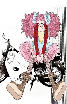 a woman sitting on top of a motorcycle next to a white horse with pink hair