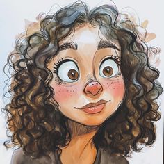 a drawing of a woman's face with curly hair and big eyes, drawn in colored pencil