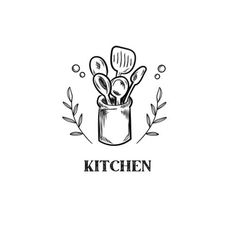 kitchen utensils in a jar with leaves around it and the word kitchen written below