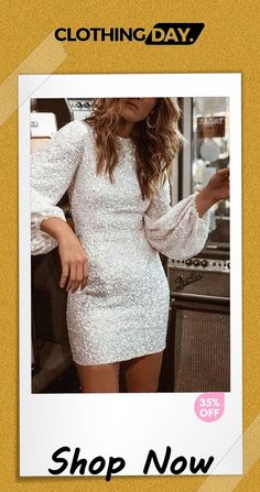 Sequin Long Sleeve Mini Dress Knee-length Midi Dress For Brunch And Party Season, Chic Sequin Mini Dress For Winter, Feminine Sequined Mini Dress, Chic Winter Sequin Mini Dress, Chic White Mini Dress For Holiday, Dressy Brunch Dress For Party Season, Knee-length Dresses For Brunch And Party Season, Knee-length Dresses For Brunch Party Season, Knee-length Dresses For Brunch During Party Season