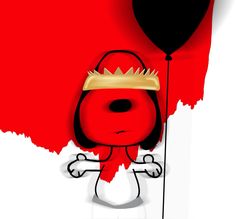 a cartoon character with a crown on his head holding a balloon in front of a red wall