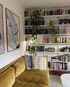 a living room filled with furniture and bookshelves next to a wall full of books