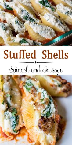 stuffed shells with spinach and sausage in a casserole dish on a plate