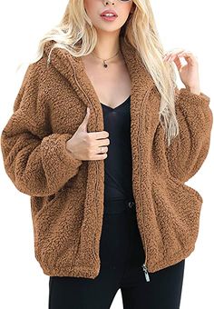 Caracilia Women's Fashion Hooded Long Sleeve Zip Up Faux Shearling Shaggy Oversized Coat Jacket with Pockets at Amazon Women's Coats Shop Fur Jacket Women, Womens Faux Fur Coat, Oversize Fashion, Jacket Fashion, Teddy Jacket, Outwear Jackets, Oversized Coat