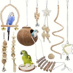 several different types of bird toys hanging from strings and wooden beads on a white background