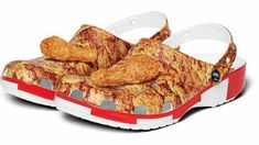 a pair of shoes that have been made to look like fried chicken on them with red and white stripes