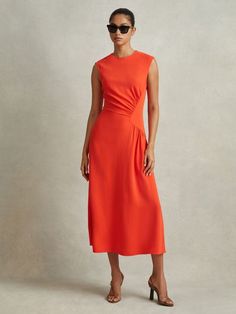 REISS Dresses Designer, Beautiful Dresses For Women, Midi Dress With Sleeves, Orange Dress, Ladies Dress Design