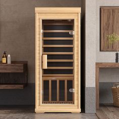 a wooden sauna in the corner of a room