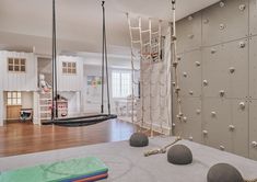 there is a climbing wall in the living room with balls and ropes on the floor