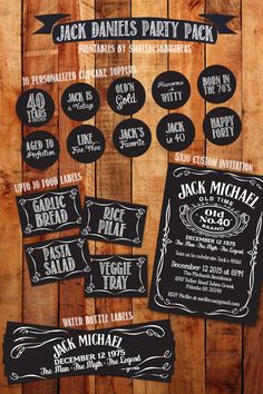 the chalkboard menu for jack daniels'party pack is displayed on a wooden table