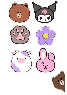 four stickers with different animals and flowers on the top one has an animal face