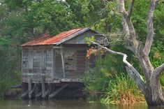 an old wooden house sitting on top of a river next to trees and bushes in front of it