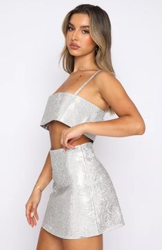 Breathtaking Crop Silver | White Fox Boutique USA Sparkly Two Piece Set, Sparkly Two Piece, Outfits With Leg Warmers, Sparkle Crop Top, Outfit With Uggs, Rhinestone Fabric, One Last Time, Glitter Top, Yellow Outfit