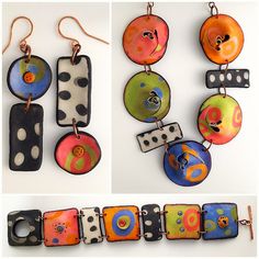 four pictures of different colored and shaped items hanging from metal hooks on white background, with polka dot design