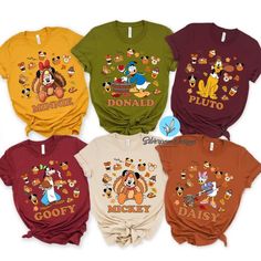 Pre-shrunk Themed Multicolor T-shirt, Themed Multicolor Pre-shrunk T-shirt, Multicolor Pre-shrunk Themed T-shirt, Disney Fall Shirts, Themed Multicolor Tops With Letter Print, Multicolor Themed Tops With Letter Print, Thanksgiving Disney Shirts, Thanksgiving Characters, Disney Thanksgiving Shirts