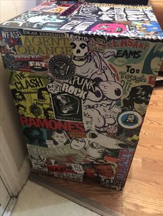 a box with many stickers all over it