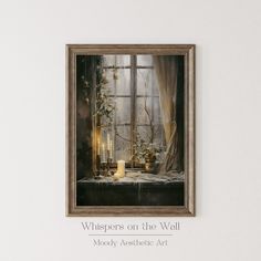 a painting hanging on the wall above a window with candles in front of it and an inscription that reads whispers on the wall