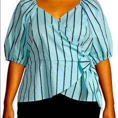 Worthington Worthington Womens V Neck Elbow Sleeve Wrap Shirt Aqua Stripe Medium Spring Office Tops With Bow Detail, Spring Casual Shirt With Bow, Spring V-neck Top With Bow Detail, Spring V-neck Top With Bow, V-neck Top With Bow For Spring, Spring Short Sleeve Blouse With Bow, Short Sleeve Cotton Blouse With Bow, Fitted V-neck Top With Bow, Chic Blue Top With Bow