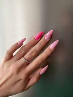 Pink Vacation Nails Almond, Short Nails Ideas Purple, Nails 2024 Almond, Vacation Nail Inspo 2024 Almond, Almond Bright Pink Nails, Blue Acrylic Nail Designs, Short Almond Summer Nails 2024, Summery Nails 2024 Almond, Almond Nails Trendy