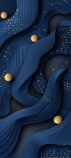 an abstract blue background with gold dots and wavy lines on the bottom right hand corner